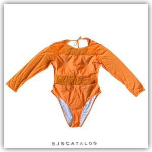 NEW Plus Size Solid Orange Long Sleeves One Piece Swimsuit - Size 3XL